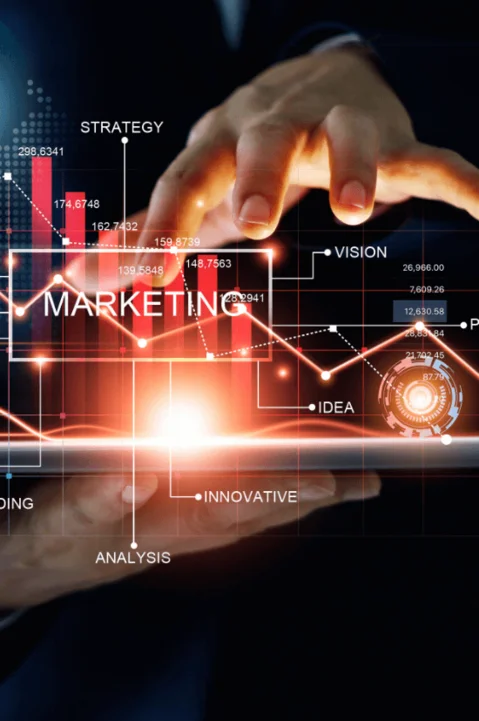 Digital marketing service provider concept showcasing a business professional using a futuristic interface to analyze key marketing metrics and strategies