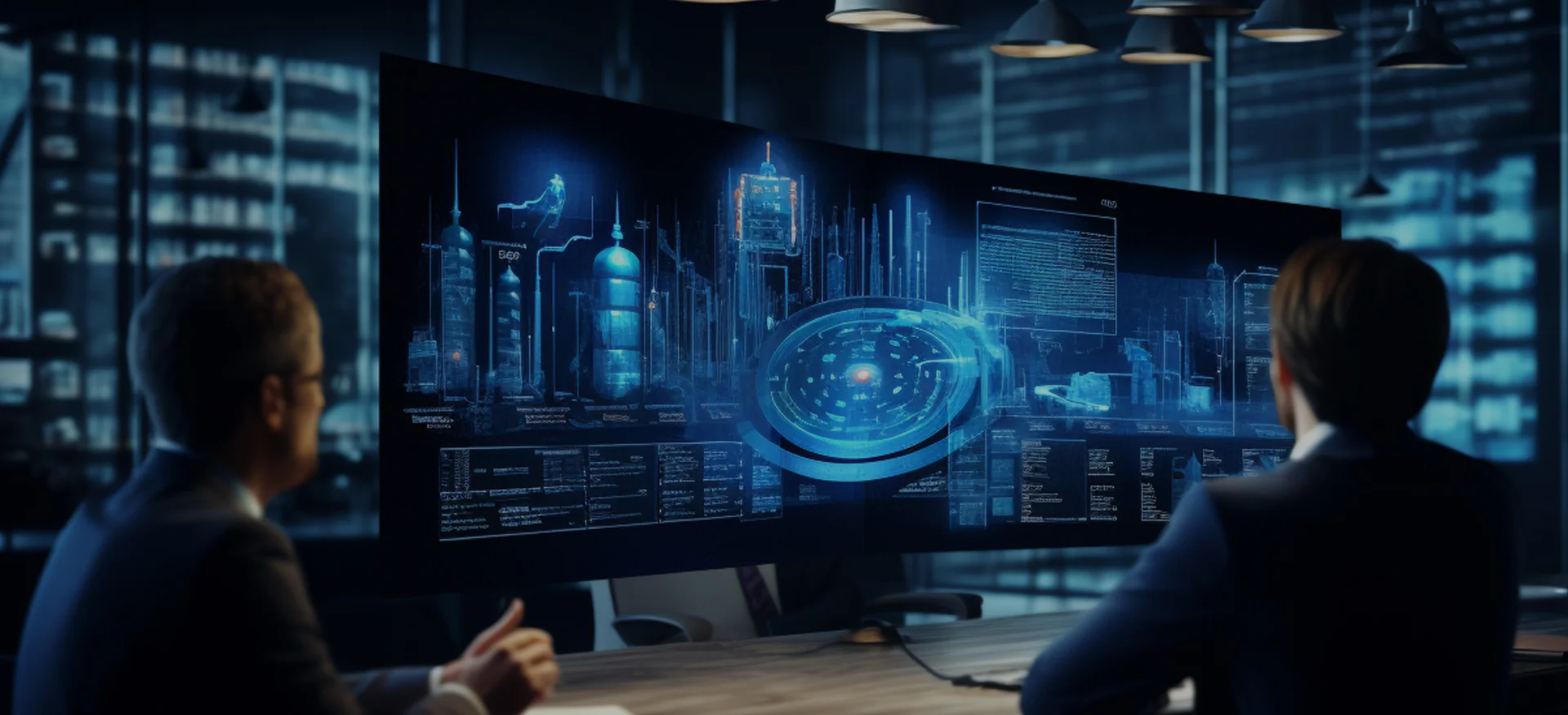 Two professionals reviewing advanced data and cloud systems on a large digital screen