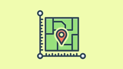 Map with a location pin and measurement lines on a yellow background.