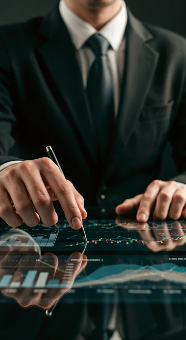 Icon of a document with a magnifying glass and a pie chart, symbolizing report analysis.