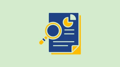 Icon of a document with a magnifying glass and a pie chart, symbolizing report analysis.