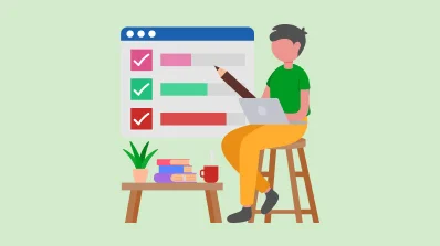 Illustration of a person sitting on a stool, working on a laptop with a to-do list and checkboxes in the background.