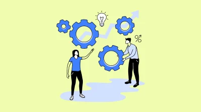 Illustration of two people interacting with gears, lightbulbs, and growth symbols representing teamwork and innovation.