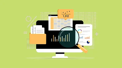 Illustration of a computer screen with data analysis, graphs, charts, documents, and a magnifying glass.
