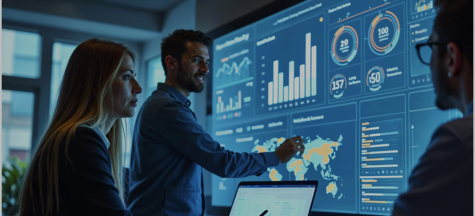 Three professionals analyzing data visualizations on a large digital screen in a modern office.