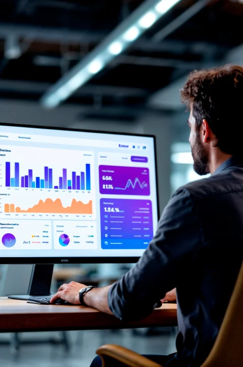 Person analyzing colorful data visualizations on a large monitor in an office setting.