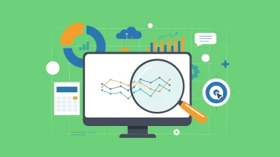 Illustration of a computer screen with a magnifying glass over data charts, surrounded by various data icons.