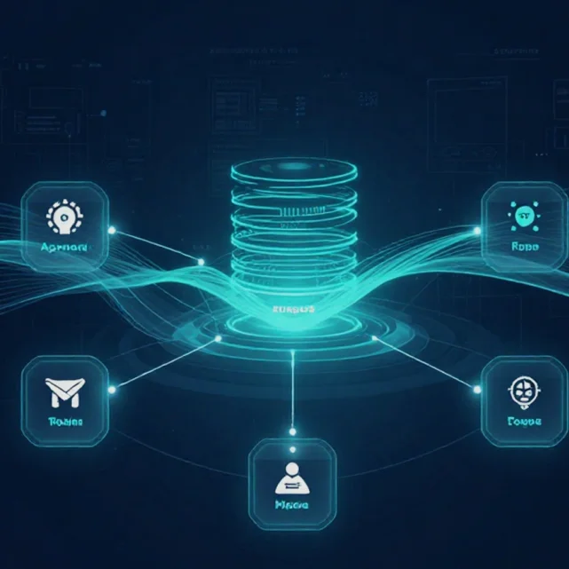 Futuristic data visualization with a central database and interconnected icons representing analytics, finance, and users.