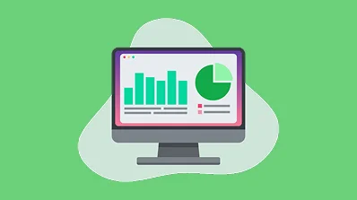 Illustration of a computer displaying bar charts and a pie chart representing data analysis.
