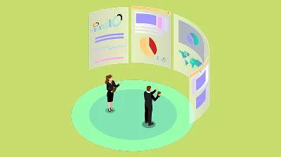 Illustration of two professionals interacting with data visualizations in a virtual environment.
