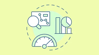 Illustration of various data analysis tools including a magnifying glass, charts.