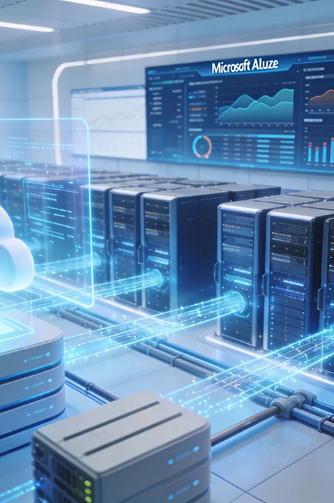Futuristic data center with Microsoft Azure cloud integration, displaying server racks and data visualizations.
