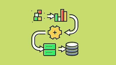 Illustration of a data flow process with charts, gears, and databases representing data transformation and analysis.