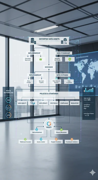 3D illustration of cloud storage with labels for ownership, stewardship, policies, and decision rights.