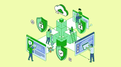 Illustration of people interacting with secure data and cloud systems.