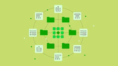 Illustration of a network connecting folders and data icons, representing organized data flow and management.