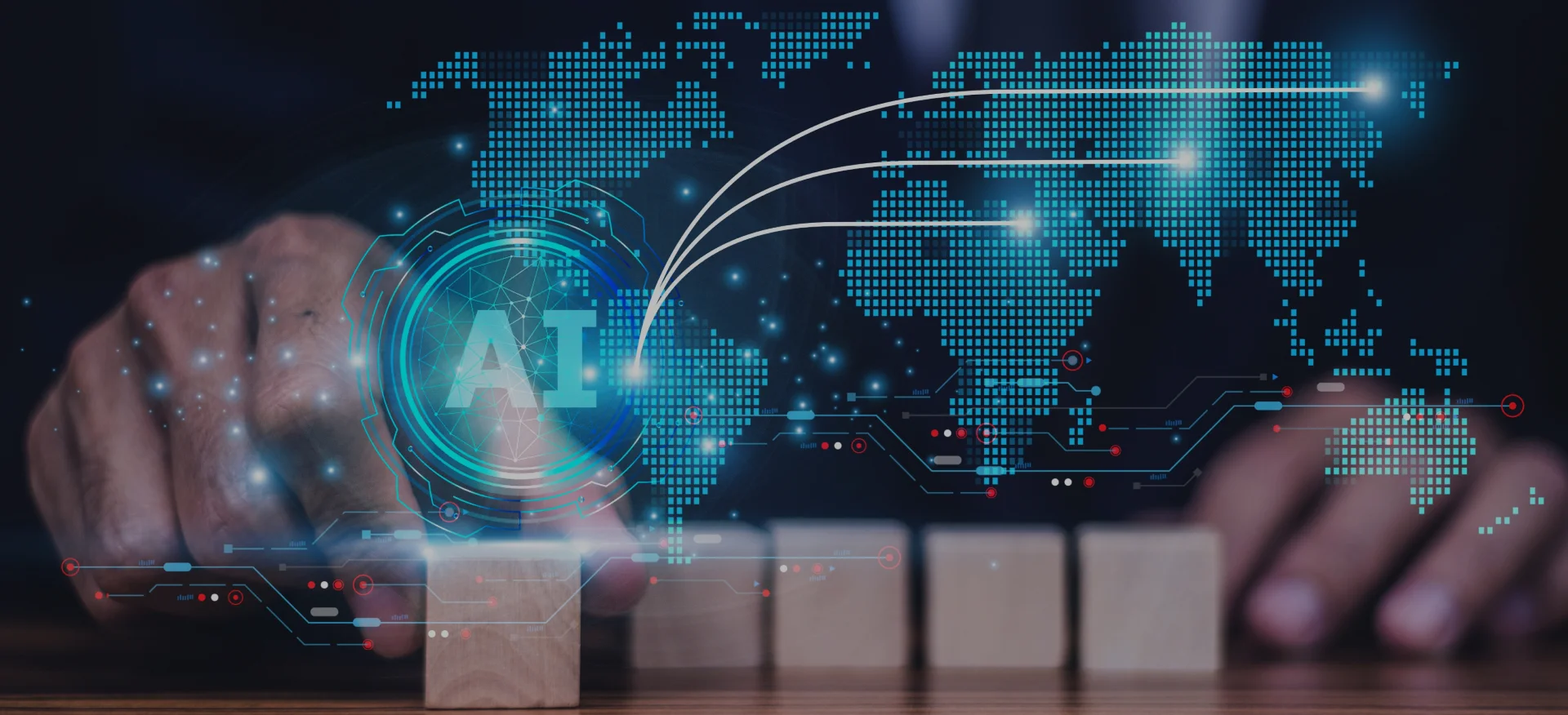 Close-up of a hand placing wooden blocks with a digital overlay of AI and a world map, symbolizing AI-powered global connections.