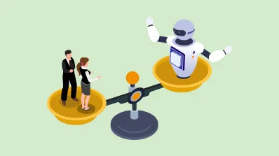 An illustration of a human and a robot on opposite sides of a balance scale, symbolizing the balance between humans and AI.