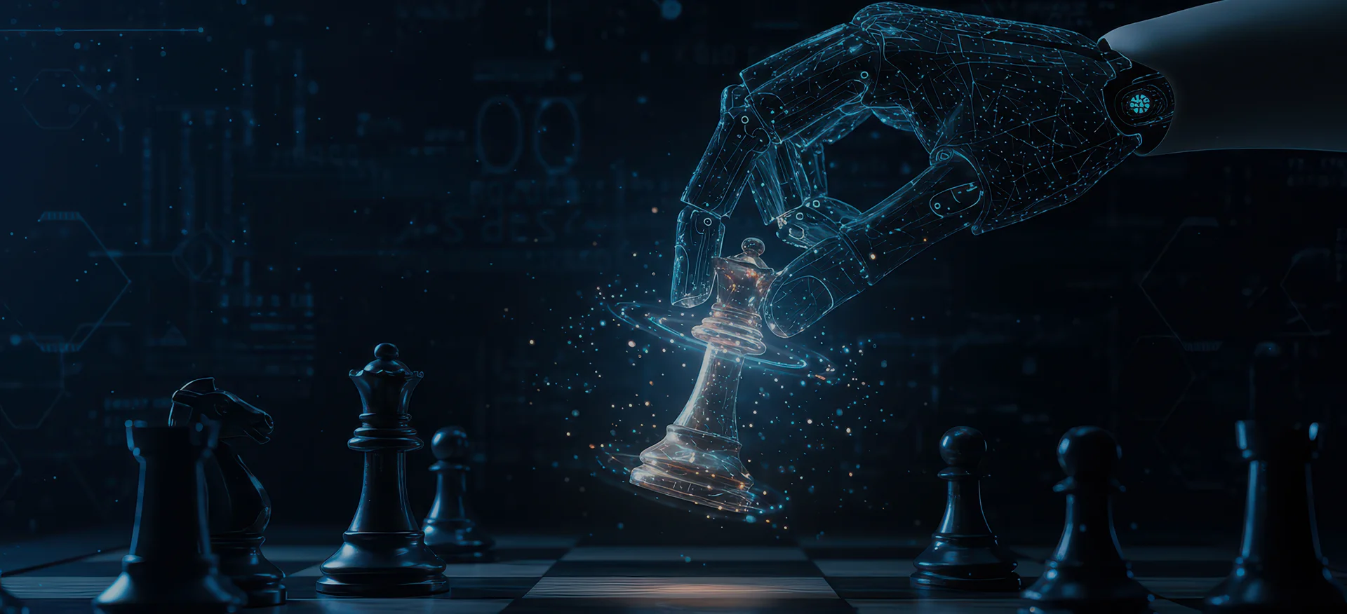 AI robotic hand moving a chess piece on a chessboard.