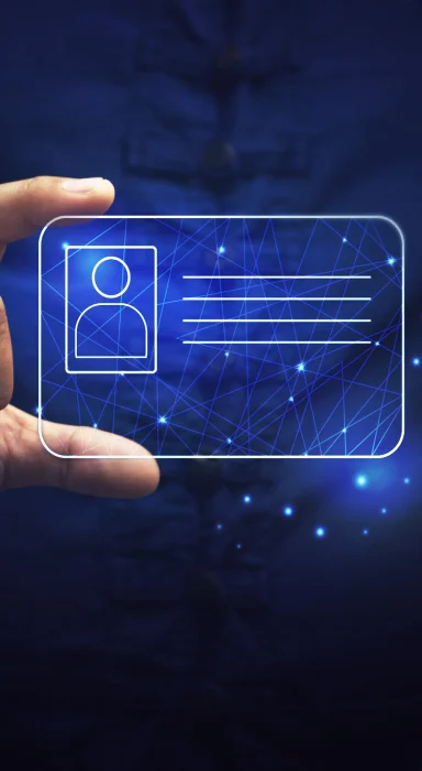 Illustration of a man pointing to details on a giant identification card.