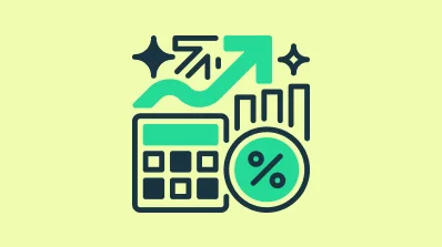 illustration of financial tools including a calculator, percentage symbol, and an upward-trending growth arrow.