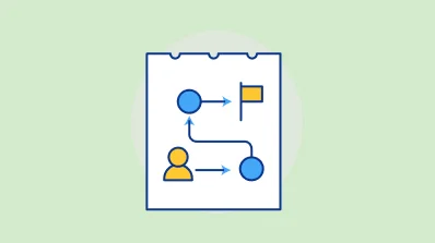 Illustration of a flowchart with nodes, a flag, and an arrow connecting a user, representing process or decision flow.