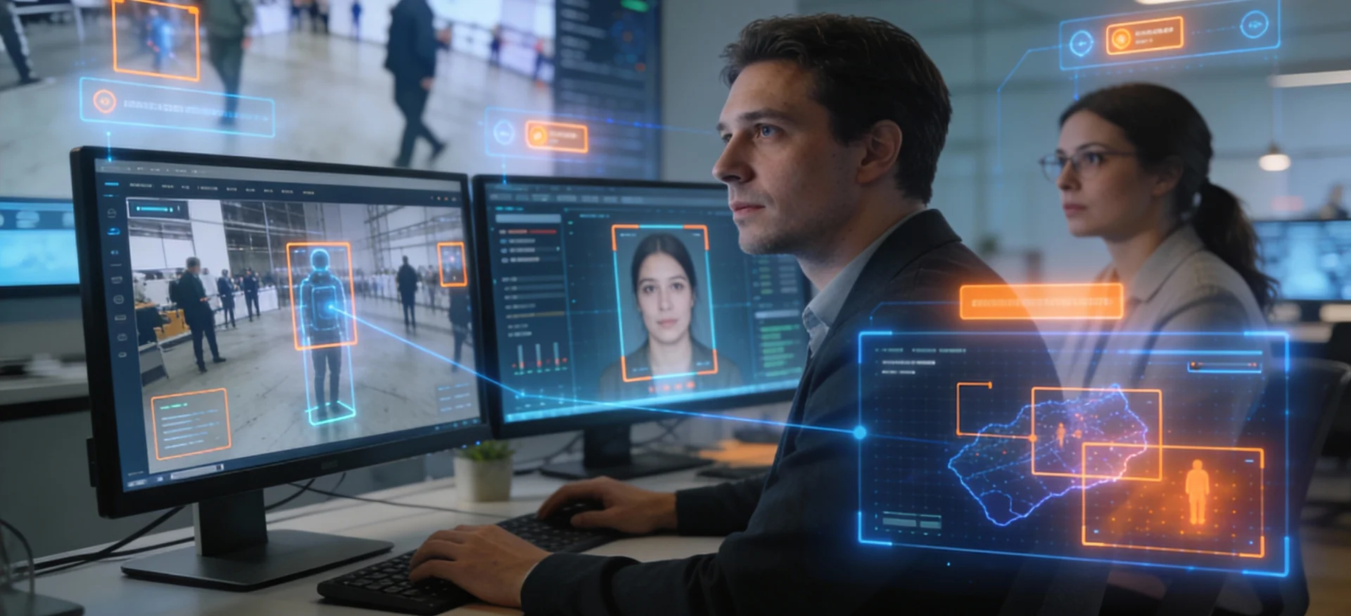 A person's finger touching a glowing 'ROI' button on a digital interface featuring financial bar graphs and line charts.