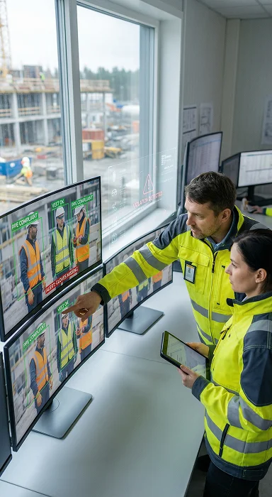 Illustration of a professional securing a computer application with a green safety shield.