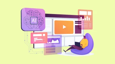 Graphic of a user working on a laptop amidst floating digital interfaces representing AI and multimedia content.