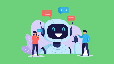 illustration of two people interacting with a large, friendly AI chatbot.