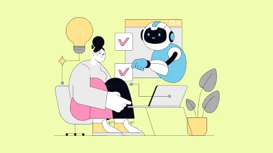Illustration of a person and an AI robot collaborating on a task list.