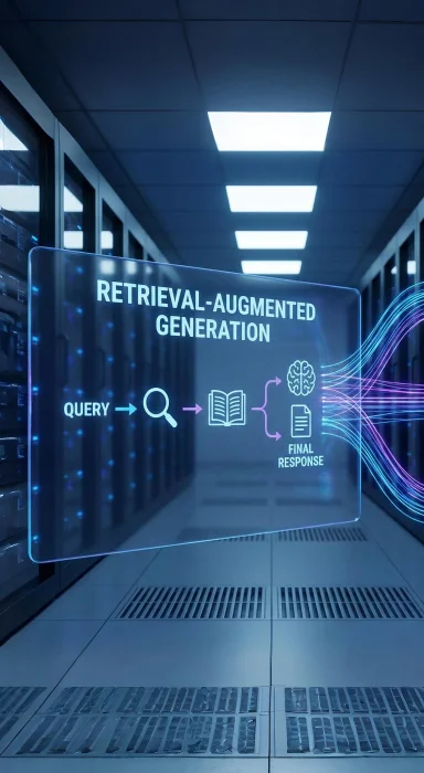 A bold blue icon with the acronym 'RAG' inside a circle, featuring circuit-like lines extending outward to represent an interconnected technology network.