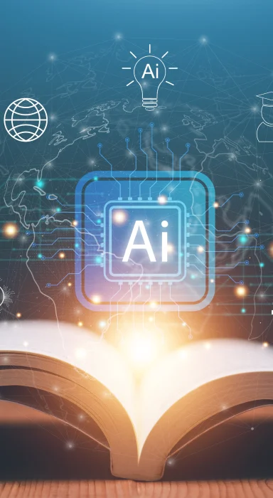 Friendly orange robot character organizing documents and data at a desk.