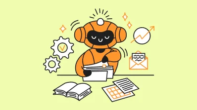 Friendly orange robot character organizing documents and data at a desk.