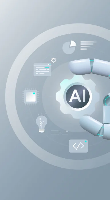 Isometric graphic of robots automatically organizing digital documents and data into folders.