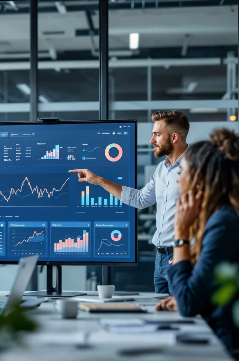 Illustration showing data strategy, engineering, business intelligence, automation, and governance, leading to enterprise collaboration between business leaders and IT professionals.