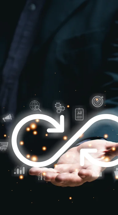 Conceptual illustration of human-robot partnership, collaborative AI building, and teamwork in a digital environment.