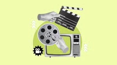 Clapperboard, film reel, and vintage TV, symbolizing creative services in experiential branding on the Experiential Branding page