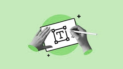 Hands designing text on a tablet, symbolizing the creation of brand identity through creative services on the Brand Guidelines page