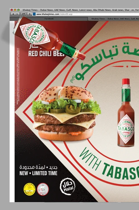 Creative services for brand campaigns and marketing strategy showcased through a compelling ad featuring Tabasco sauce and a limited-time burger promotion