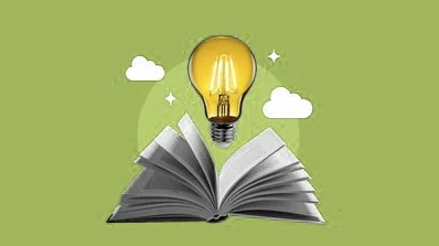 Creative services for creative copywriting symbolized through an open book and an idea lightbulb, representing innovation and storytelling