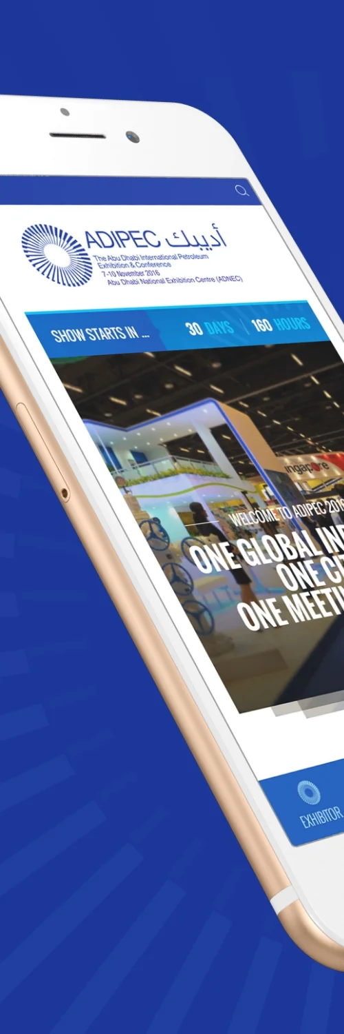 Creative services for launch activations showcased through a mobile app promoting ADIPEC 2018 exhibition with a countdown and event details.