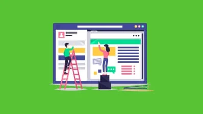 Illustration of professionals working on a website design, showcasing design and development services for category websites