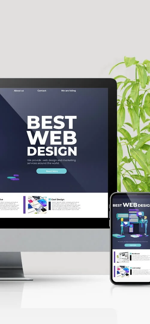 A laptop and smartphone displaying a website, showcasing cross-platform compatibility for progressive web solutions. The devices are set against a clean, white background.