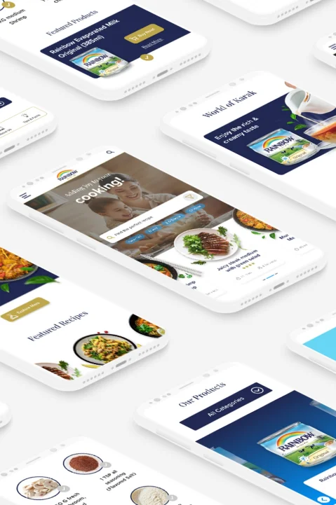 Mobile screens showcasing a digital design service by a creative digital design agency, highlighting user-friendly navigation and product categories