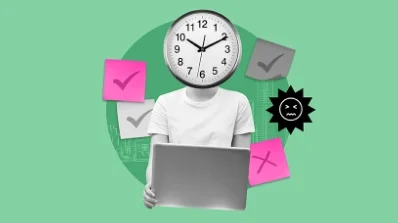 Design Retainer Services featuring a figure with a clock head and task checklists. Get inspired by retainer design ideas for efficient time management