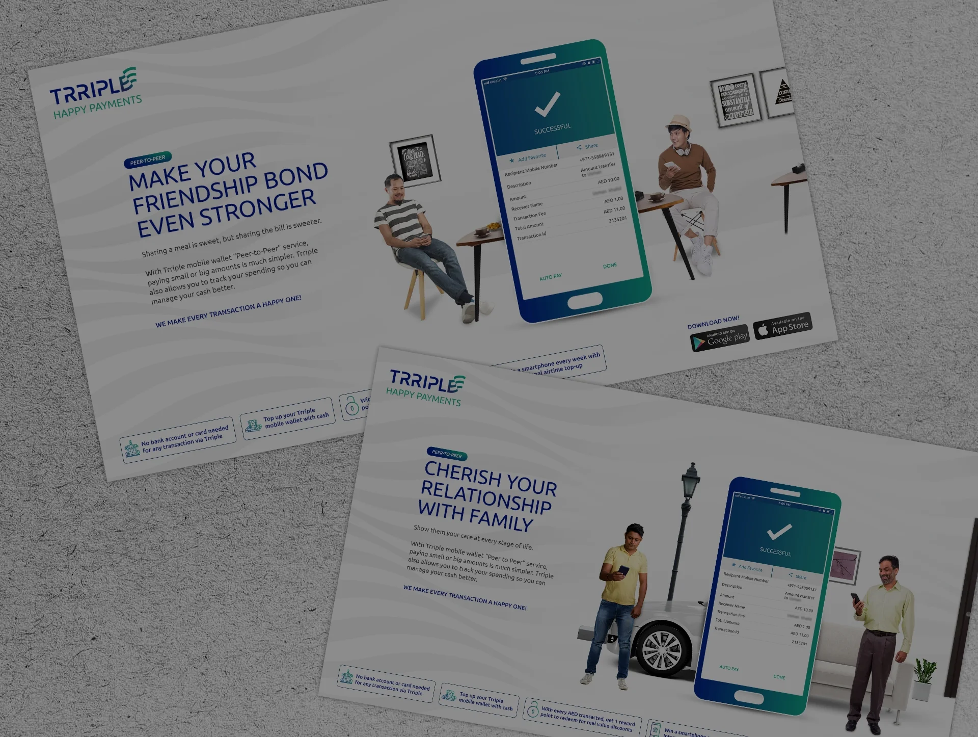 Two promotional banners showcasing mobile app features, reflecting Design Retainer Services with creative retainer design ideas
