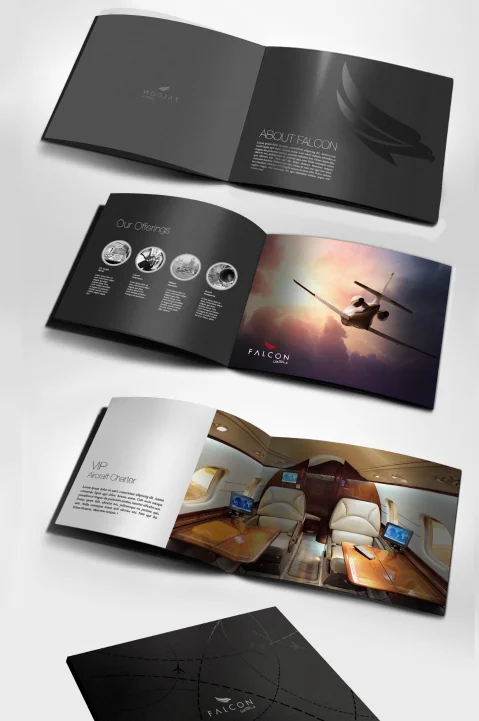 Offline Print Design Services showcasing a sleek, professional brochure design highlighting Falcon's offerings and VIP Aircraft Charter services