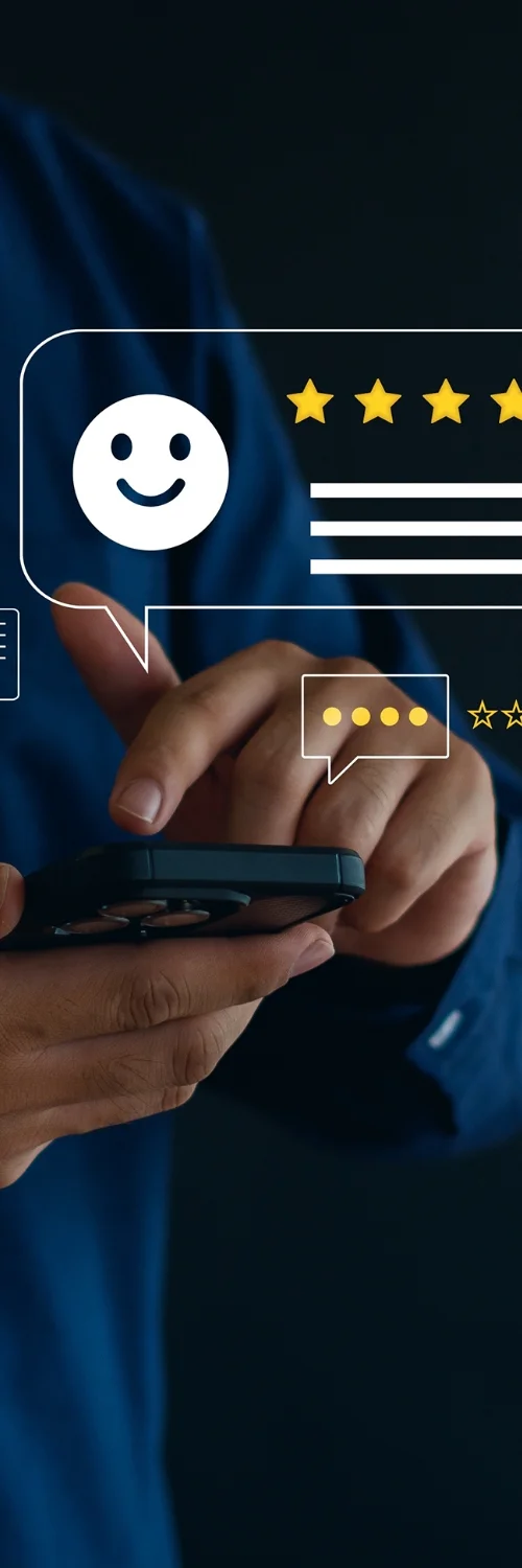 Hand stacking cubes with happy and sad faces, representing customer feedback analysis by an online marketing service provider