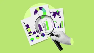 Magnifying glass over competitor benchmarking charts, illustrating analysis by an online marketing service provider